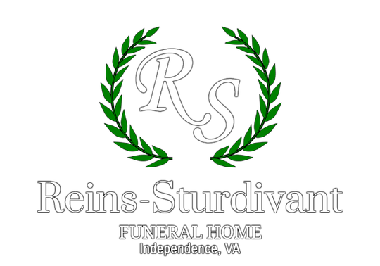 Reins-Sturdivant Funeral Home logo with green laurel wreath and RS monogram in Independence, VA