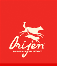 A red background with a white logo for orijen nourish as nature intended