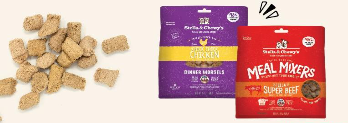 A pile of dog treats next to a bag of dog treats.