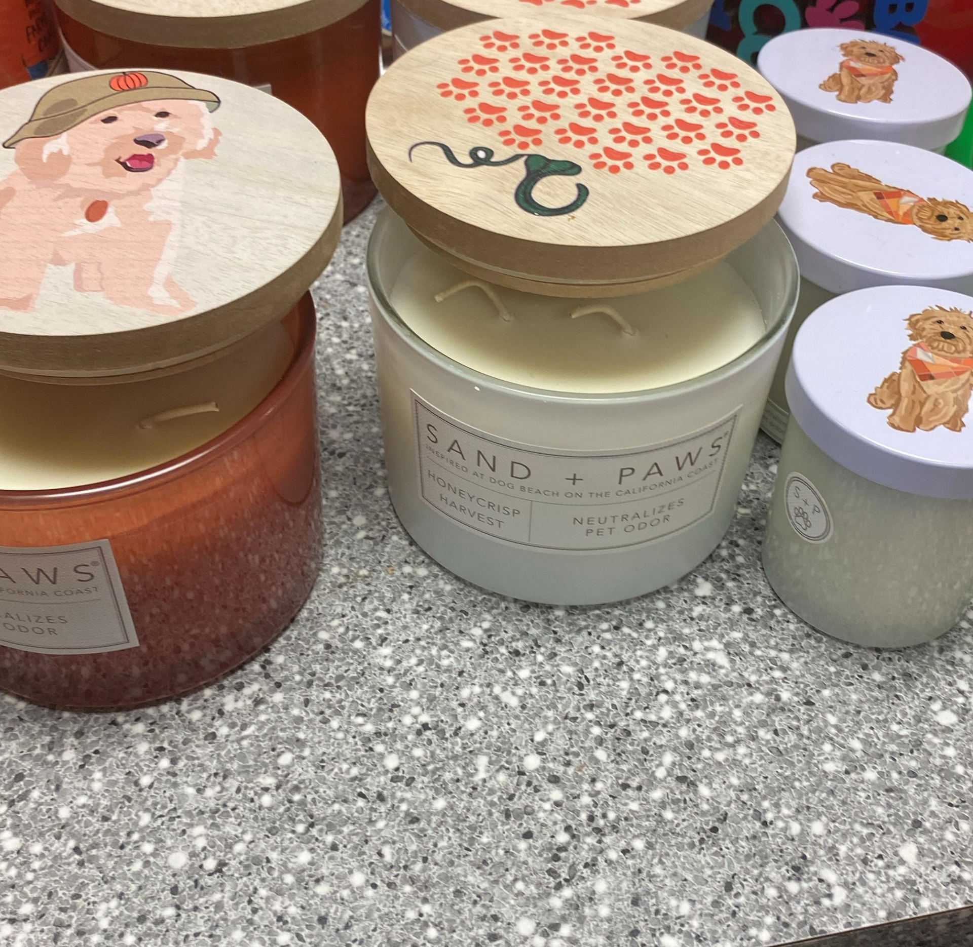 Several candles are sitting on a counter including one that says sand paws