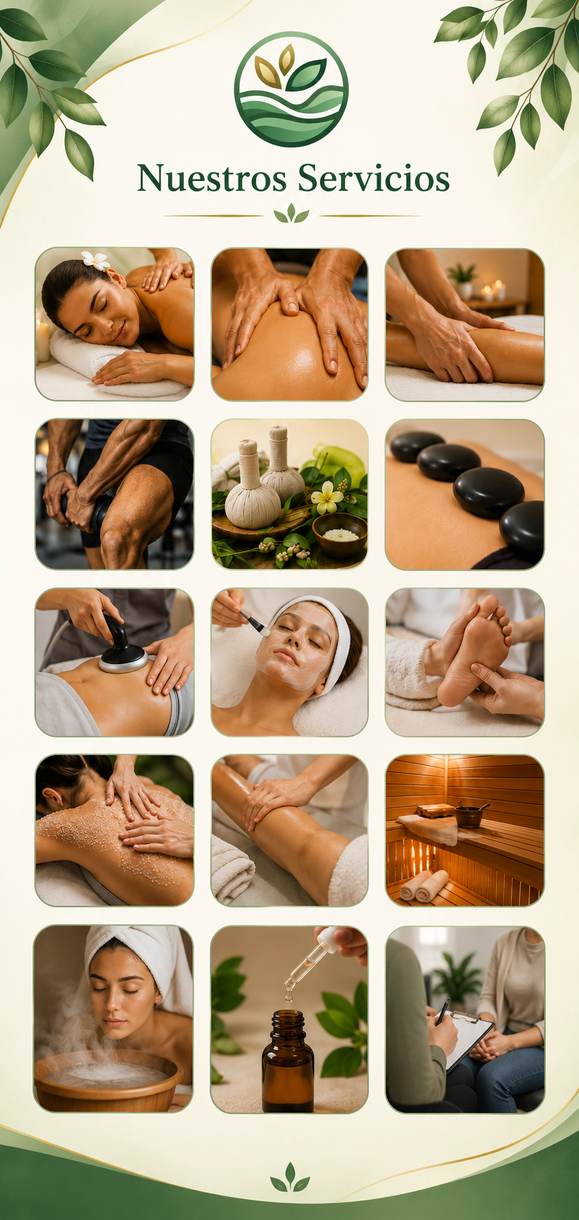 Collage de servicios de spa con imágenes de masajes, tratamientos faciales, piedras, velas y relajación bajo el título “Nuestros Servicios”.
