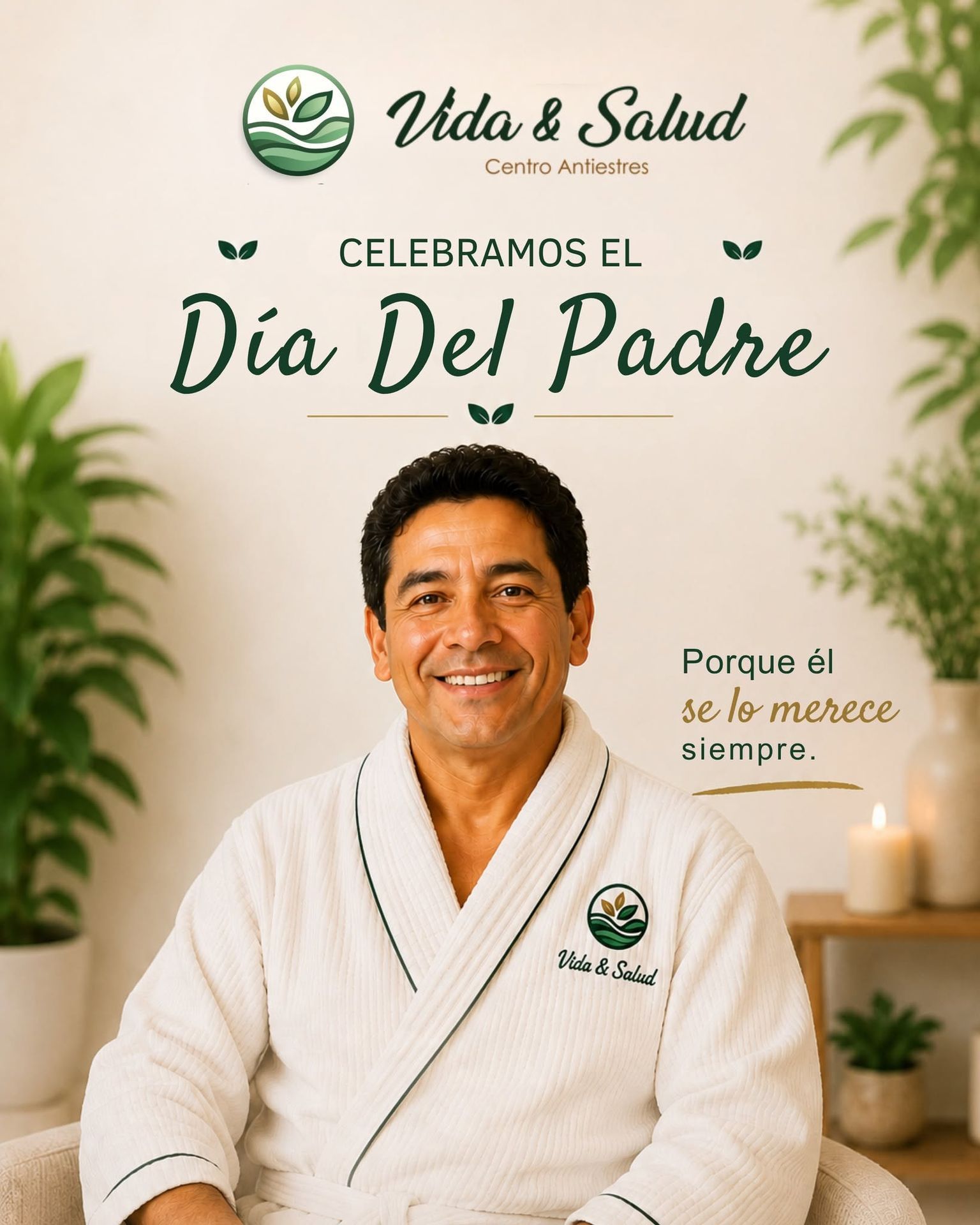 Promoción del Día del Padre de la clínica Salud con un hombre sonriente con una bata blanca y el texto “Feliz Día del Padre”.