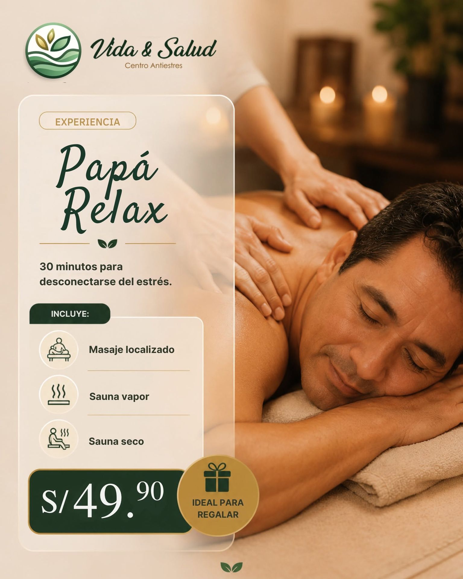 Masaje Papá Relax con manos relajando espalda, fondo cálido y oferta S/49.90 para regalo.