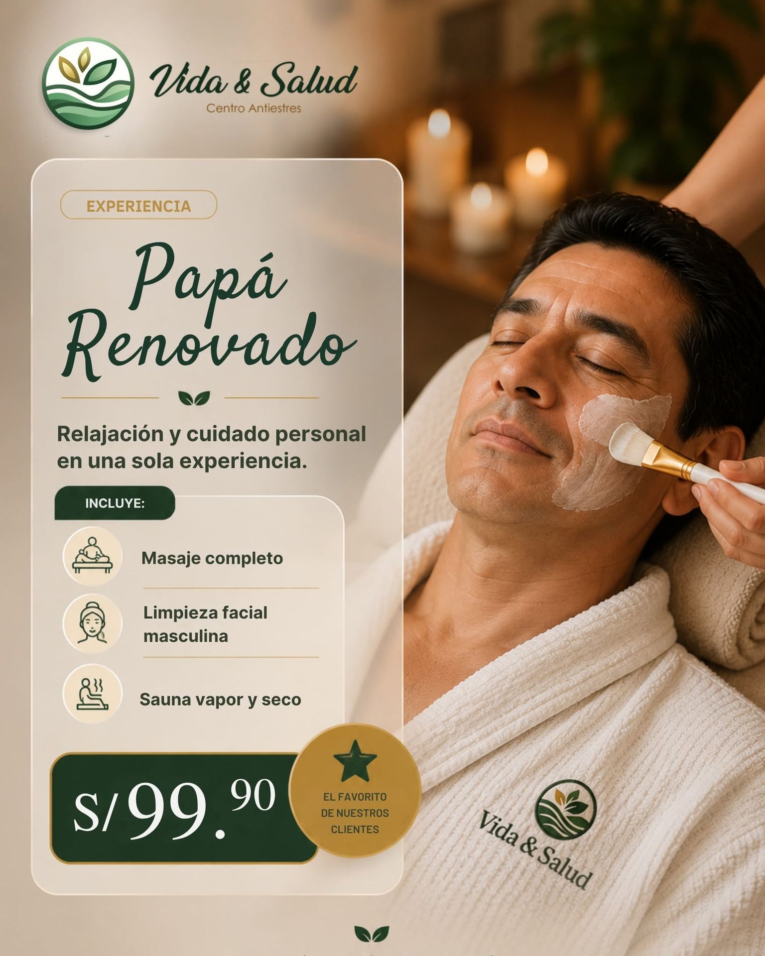 Anuncio de spa para “Papá Renovado”: hombre recibiendo masaje facial, tintes en crema, oferta S/99.90.
