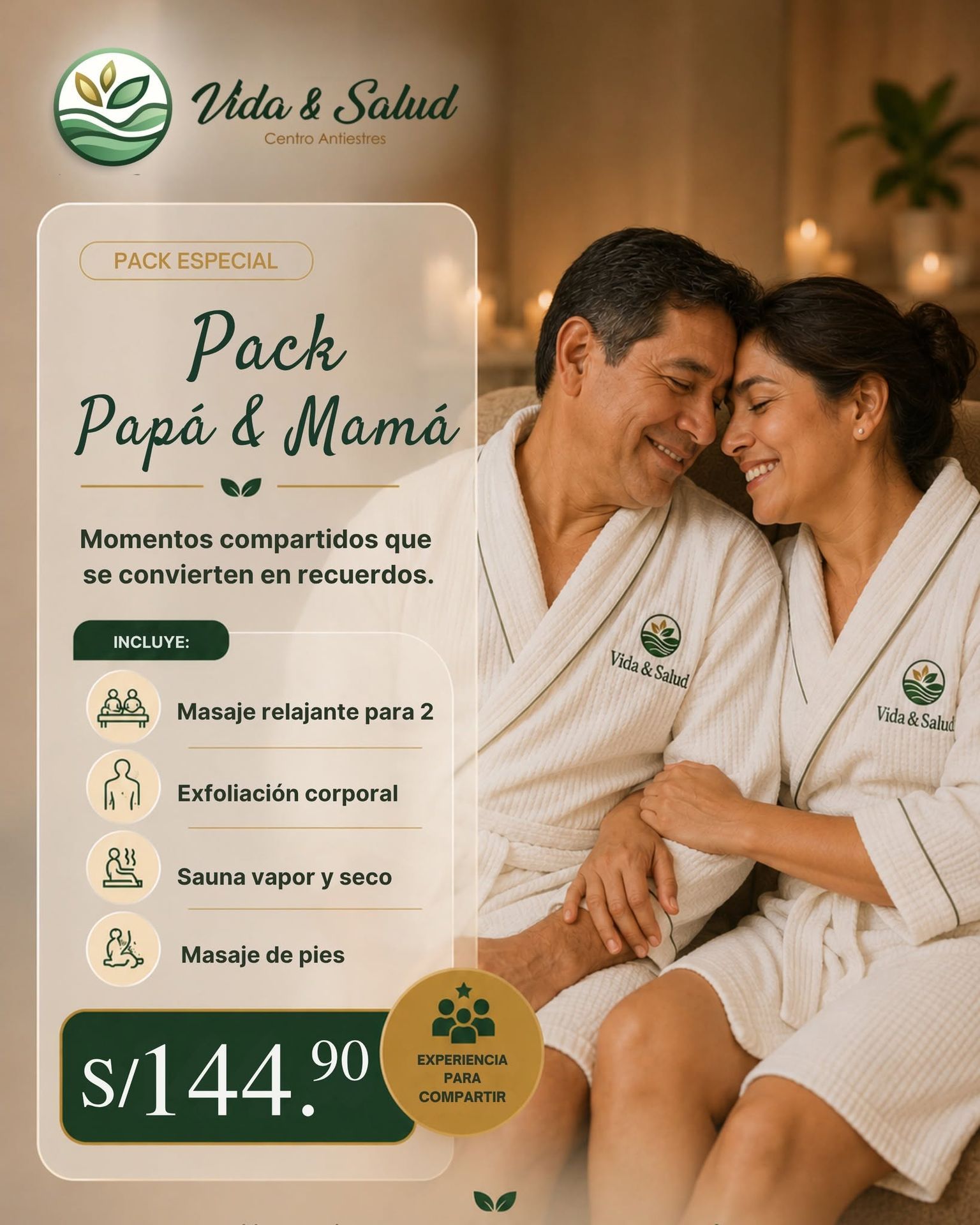 Promo de spa “Pack Papá & Mamá” con pareja en batas beige, fondo cálido y precio S/144.90