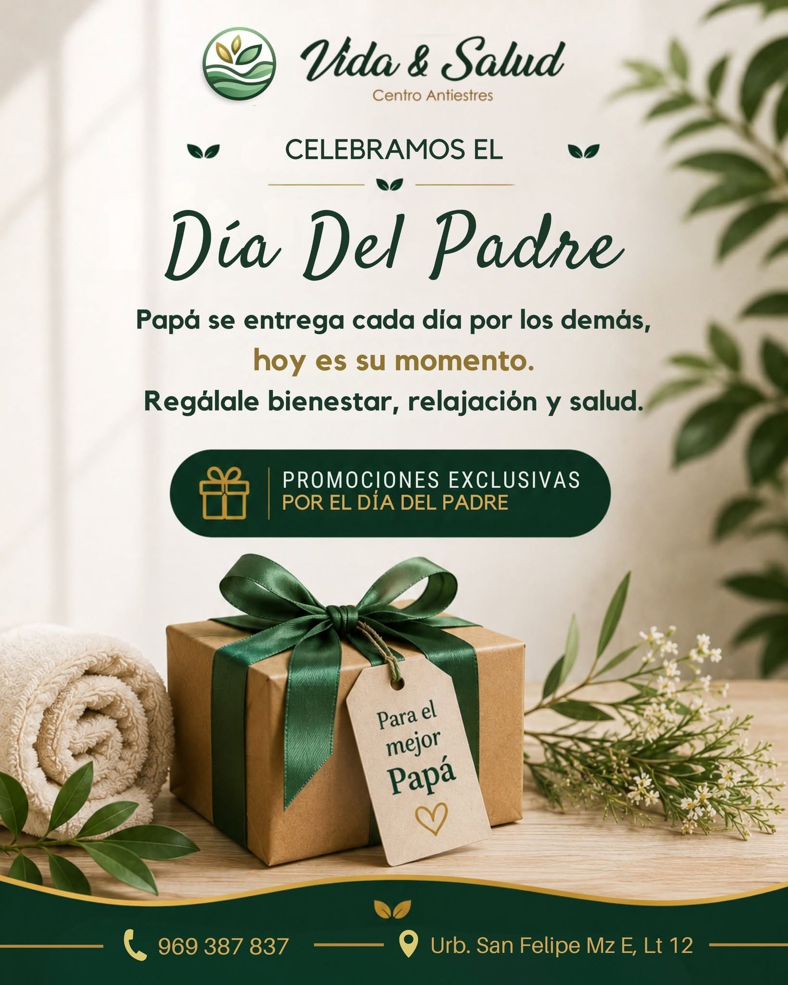 Anuncio de Vida & Salud con regalo verde y dorado para el Día del Padre sobre fondo floral.