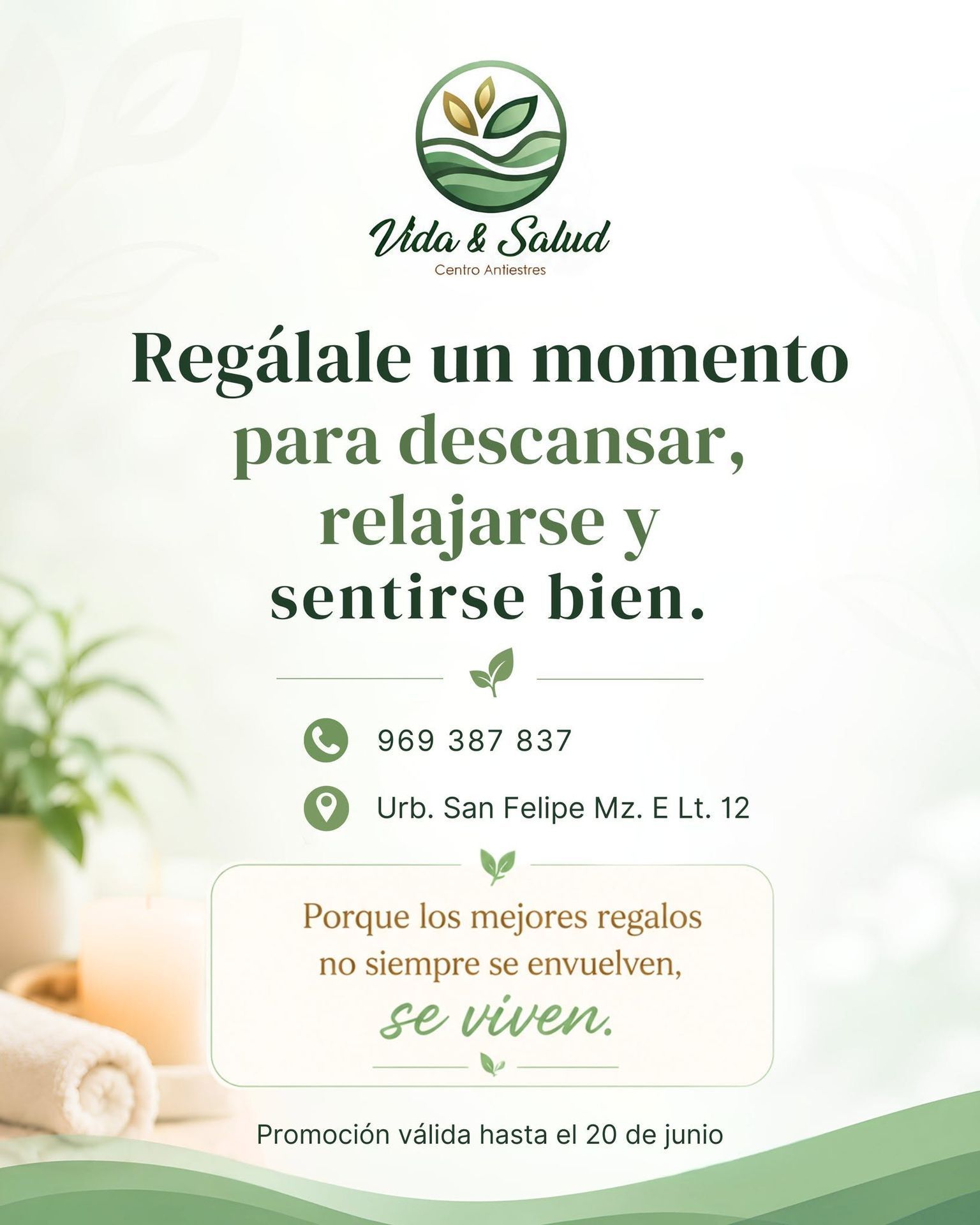 Cartel promocional de spa con diseño en blanco y verde, toalla y texto que invita a la relajación y el bienestar.