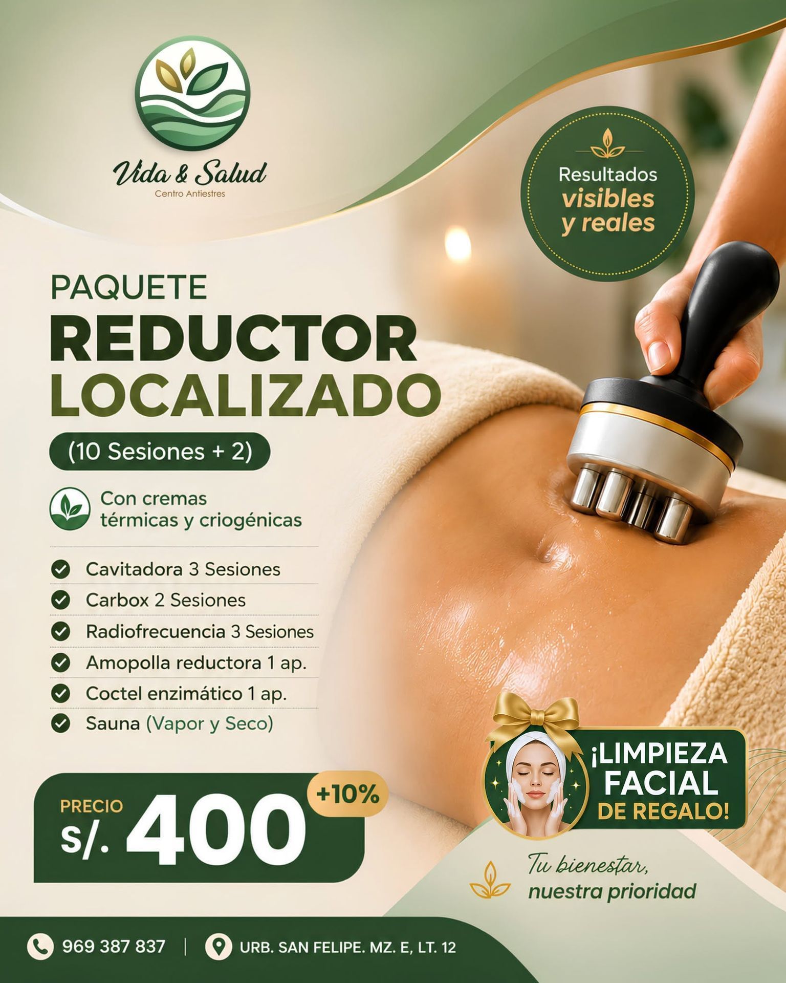 Promo de tratamiento reductor localizado con masajeador y precio S/ 400, fondo beige y verde.