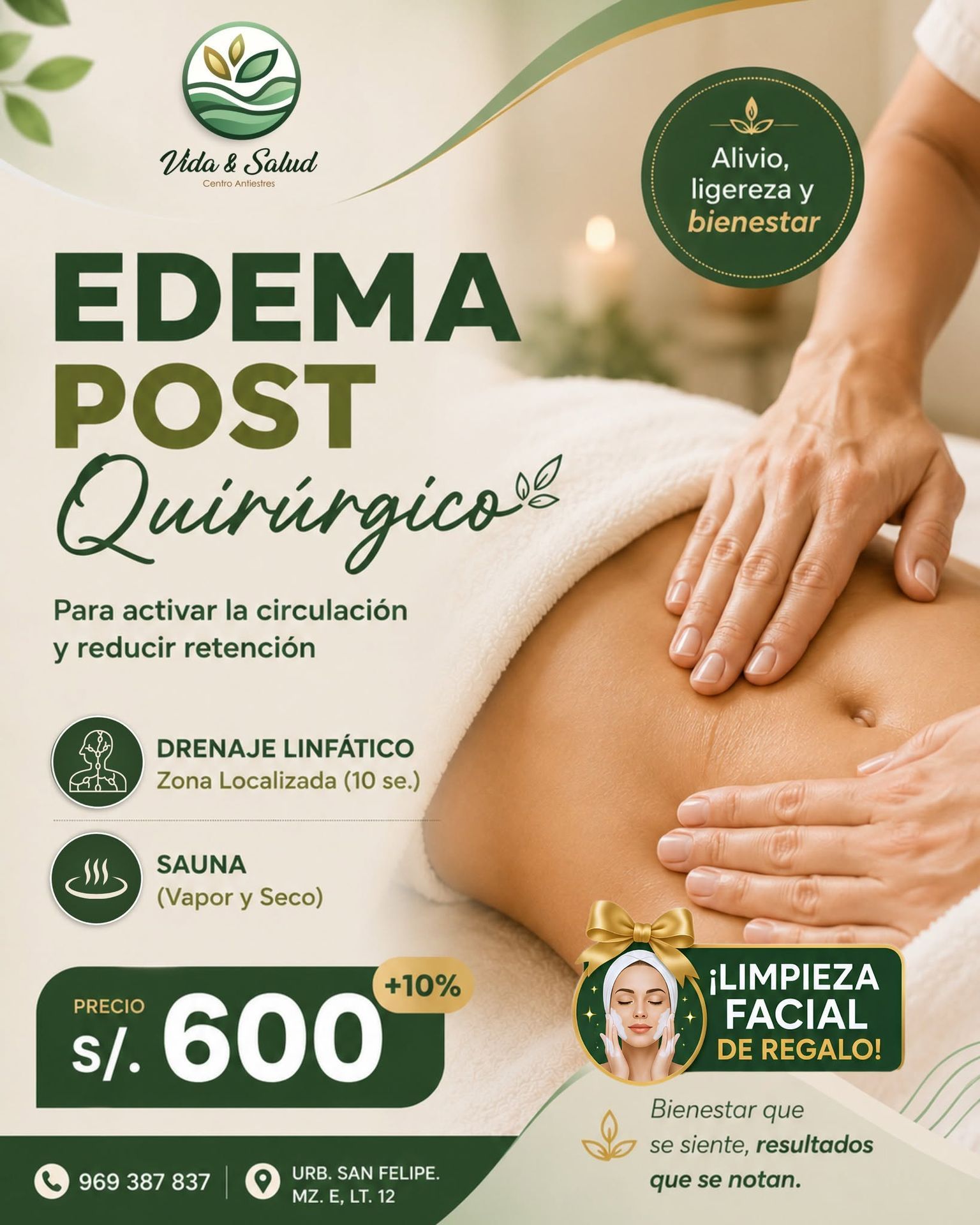Publicidad de drenaje linfático y sauna para edemas postquirúrgicos, con masaje de piernas y abdomen.
