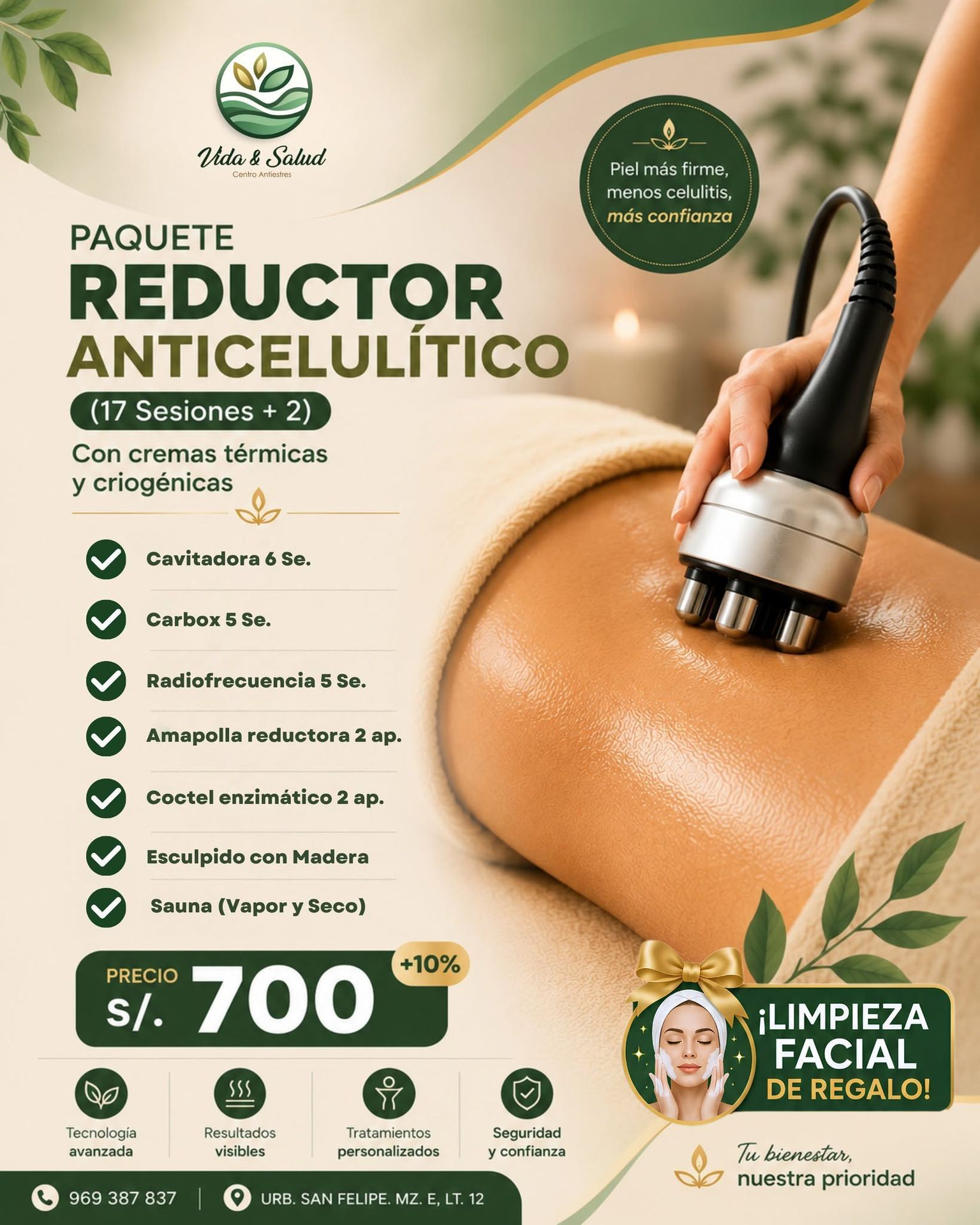 Anuncio promocional de un tratamiento anticelulítico, que muestra un aparato de masaje sobre la piel y un precio con descuento.