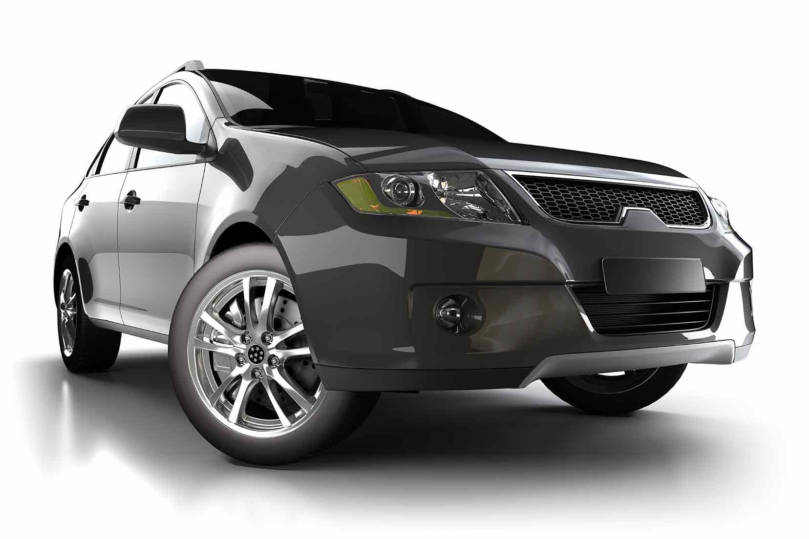 Dark gray compact SUV on a white background, shown in a front three-quarter view