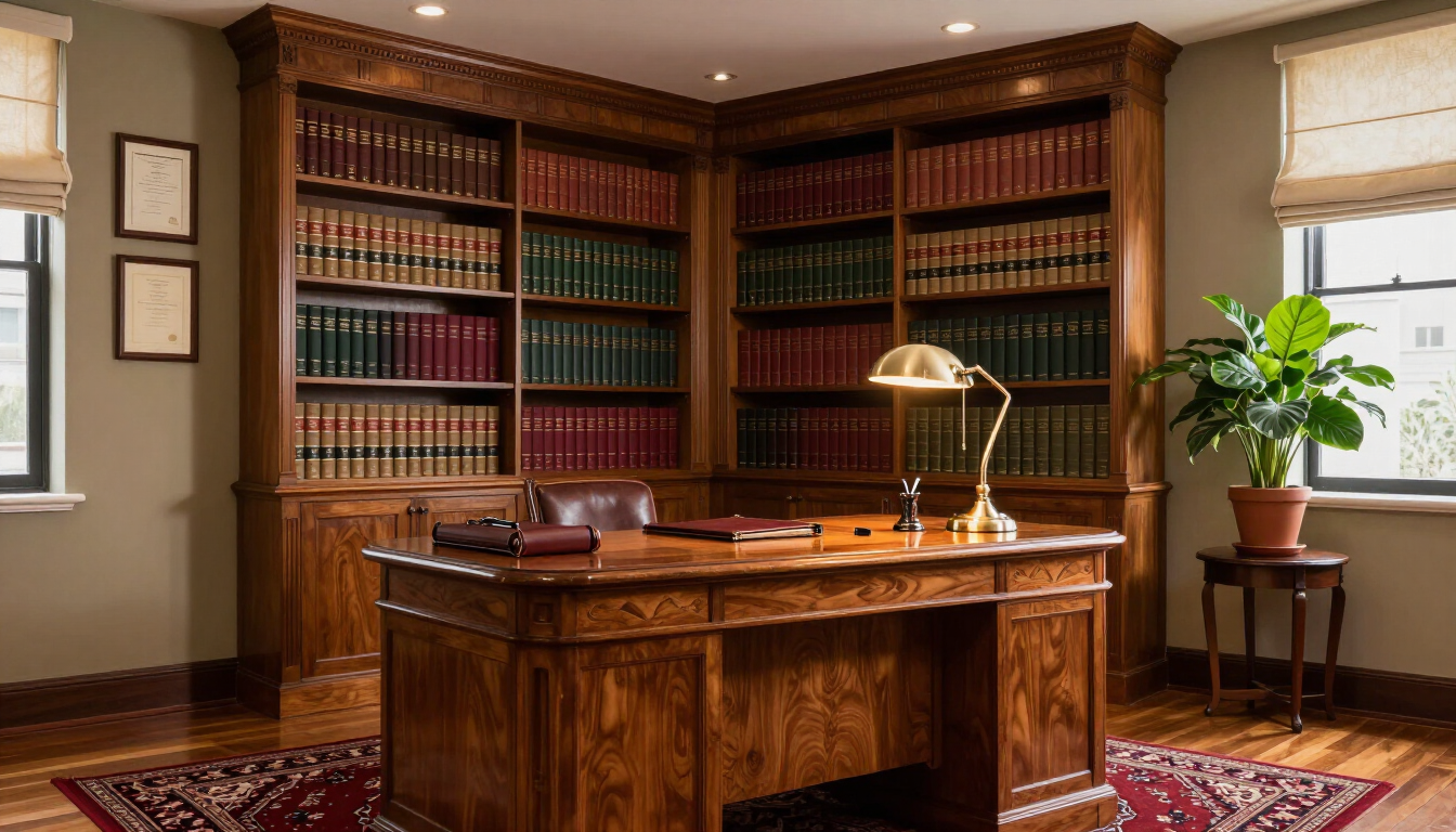 Elegante biblioteca con paneles de madera, estanterías, escritorio con tapa de cuero, lámpara de latón y una planta en maceta cerca de una ventana.