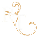 Logotipo de monograma decorativo dorado con letras estilizadas y adornos en espiral sobre un fondo blanco.