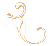 Logotipo de monograma decorativo dorado con letras estilizadas y adornos en espiral sobre un fondo blanco.