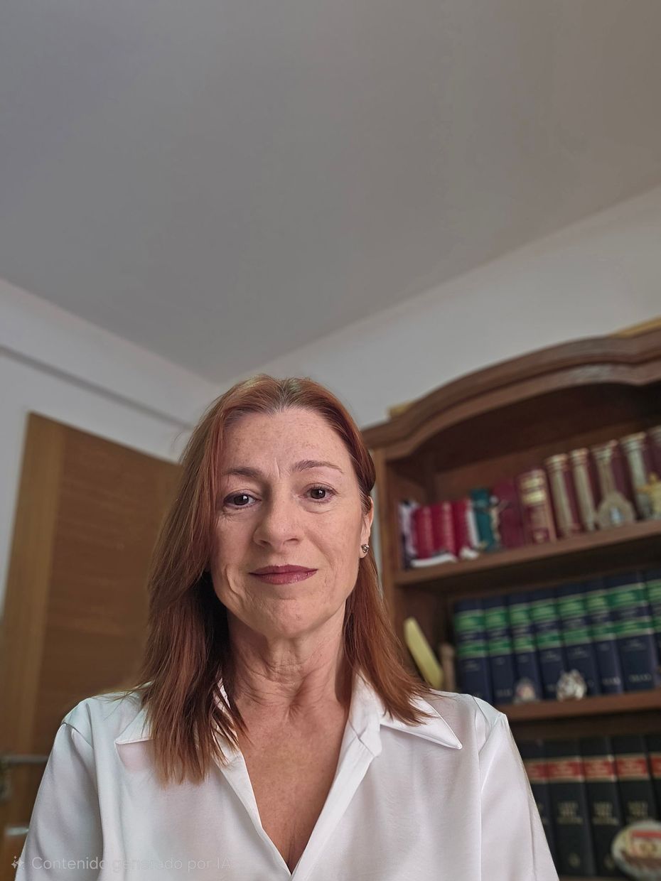Mujer con blusa blanca de pie en el interior de una casa, cerca de una estantería, sonriendo a la cámara.