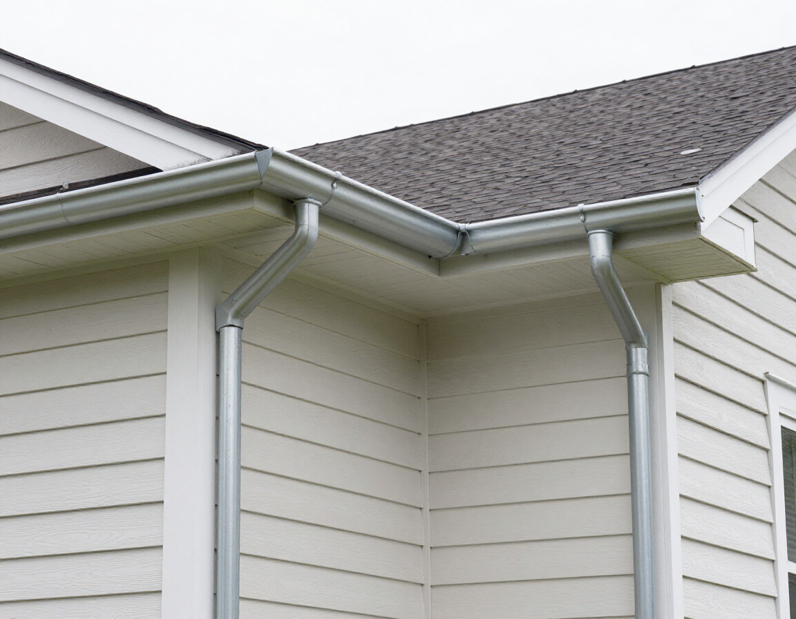 Before and after seamless gutter installation along a home roofline with clean downspouts and neat fascia detail.