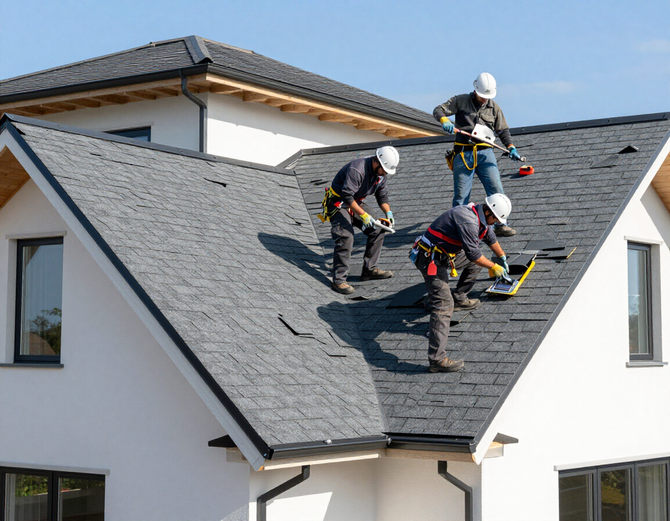 A roofing crew installing new shingles on a modern residential home under bright daylight.