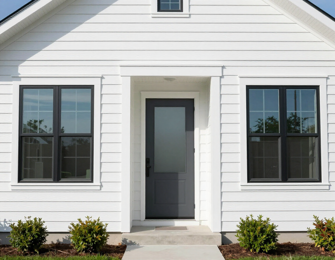 A freshly updated home exterior with new siding, windows, and a modern front entry door.