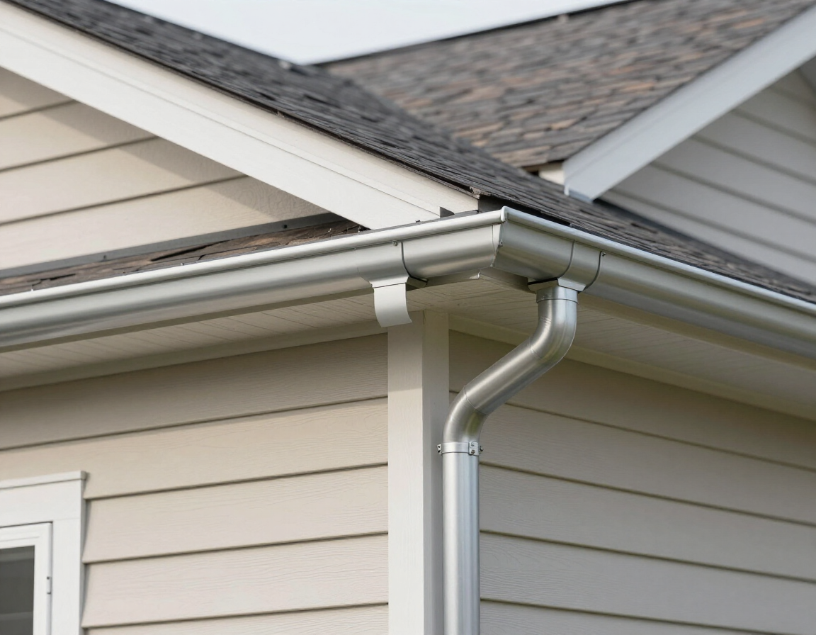 New seamless gutters and downspouts installed along a home's roofline.