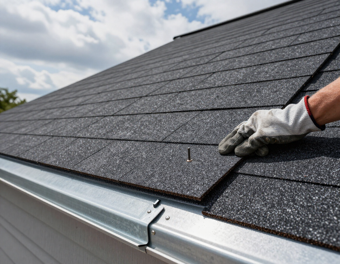 Close-up of new roofing shingles being installed on a residential roof.