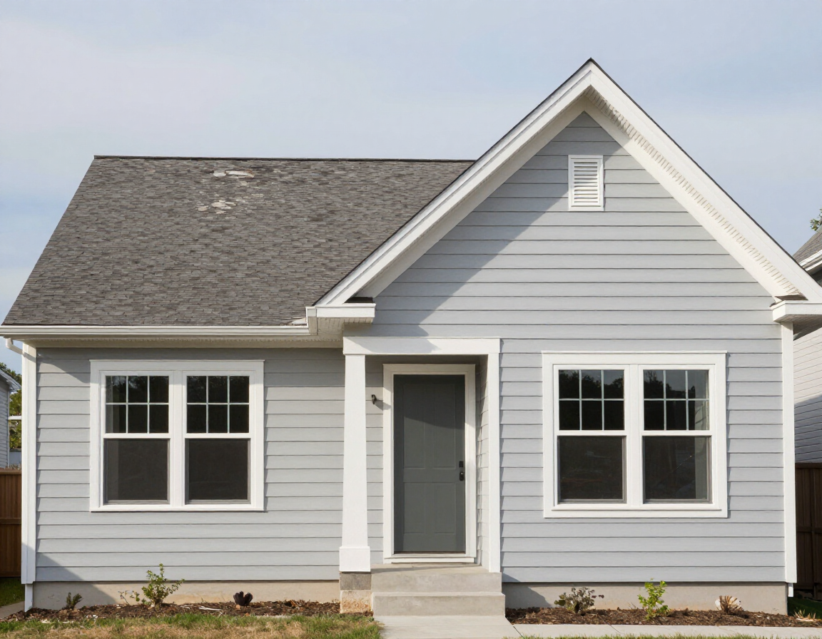 An updated home exterior showing new siding, trim, and windows.