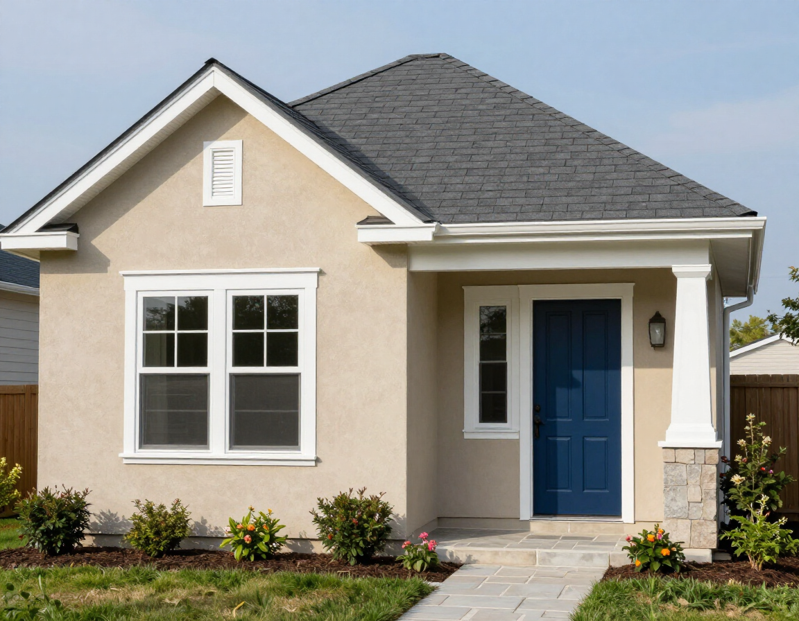 A completed exterior renovation with roof, siding, gutters, windows, and a new front door.