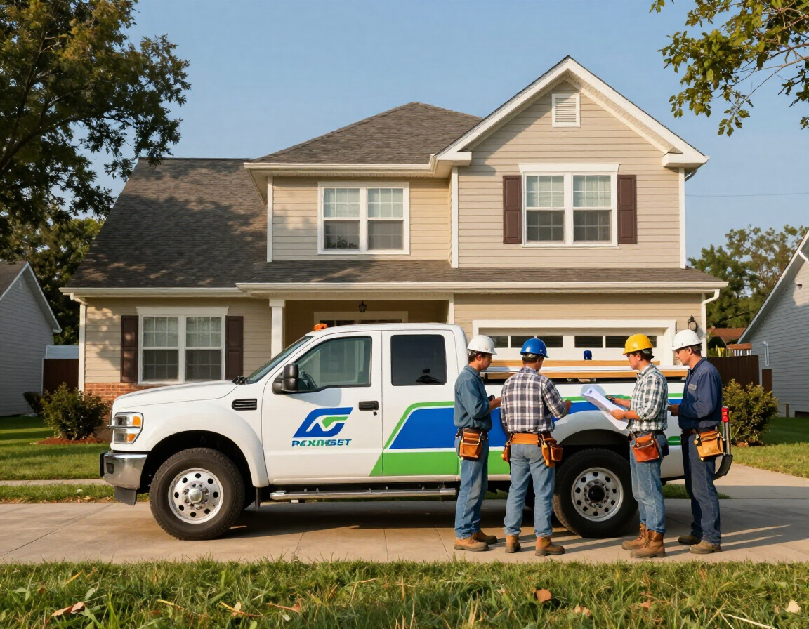 Contractor truck and crew providing local exterior construction service at a home.