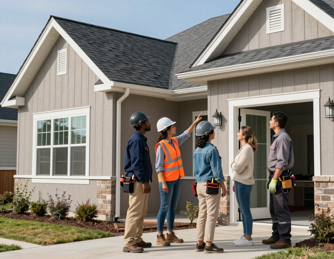 Exterior construction professionals inspecting a roof and discussing project details with a homeowner.
