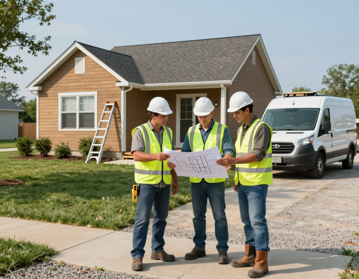 Construction team reviewing plans for a home exterior project in Southeast Kansas.