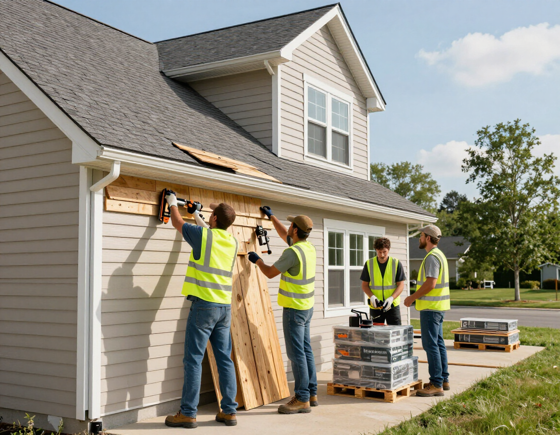 Exterior contractor team installing siding and roofing on a house.