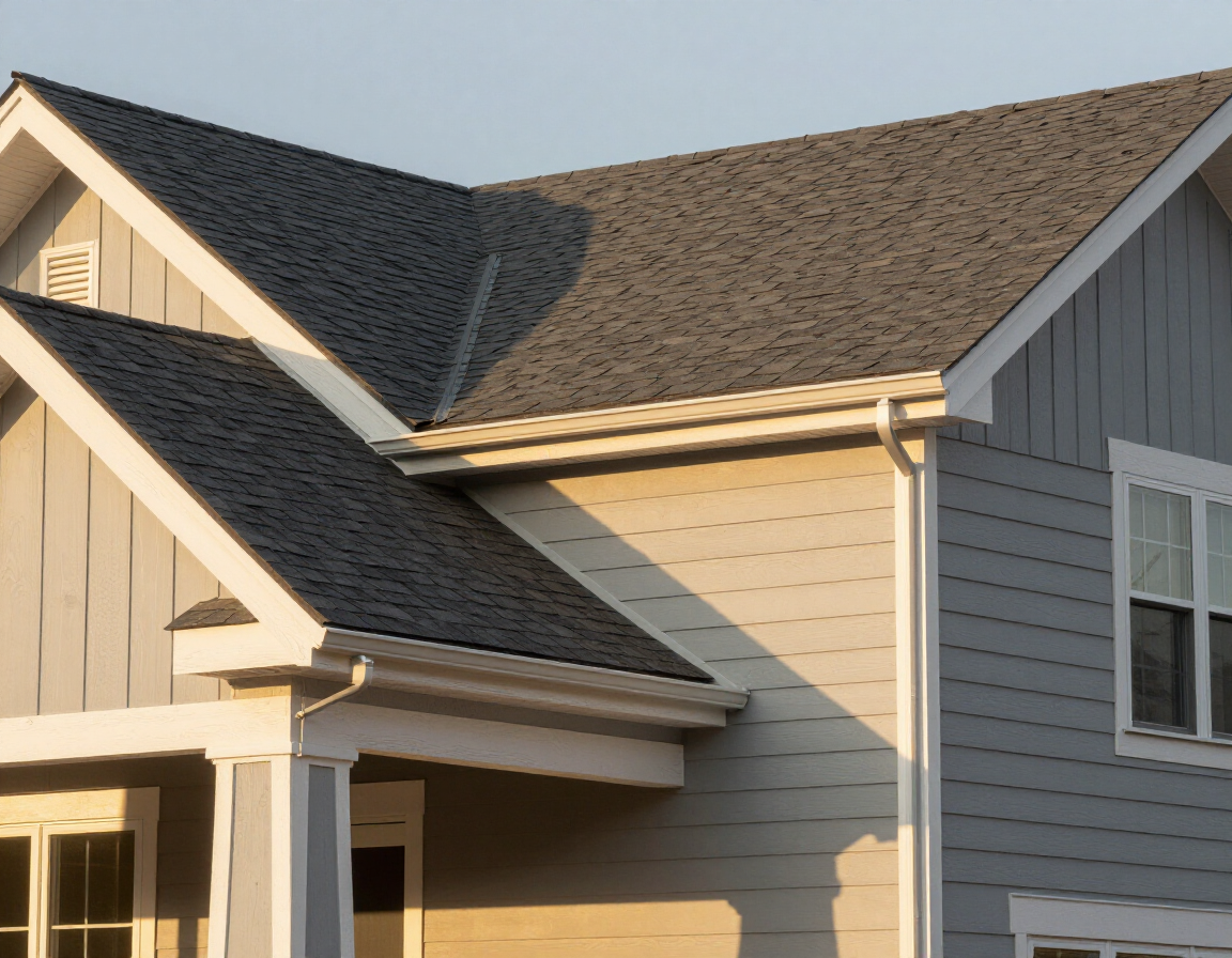 Finished home exterior showcasing roofing, siding, gutters, and fresh paint.