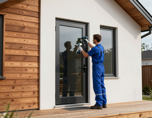 Technician installing a new window and entry door on a house.