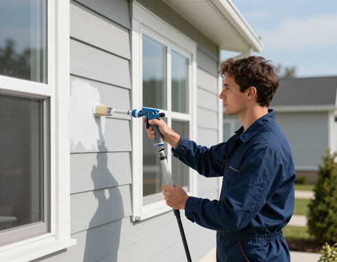 Painter applying fresh exterior paint to a home.