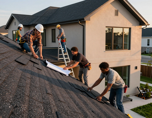 Roofing crew installing a new roof on a modern home at sunset.