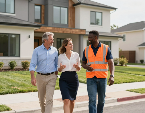 Homeowners speaking with a contractor outside a finished home.