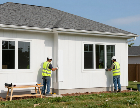 Workers installing new siding on a house exterior.
