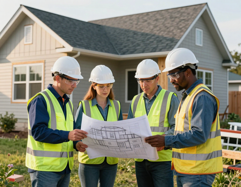 Construction team reviewing plans for an exterior home project.