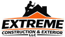 Logo for Extreme Construction & Exterior LLC featuring a silhouette of a worker on a roof in black and orange.