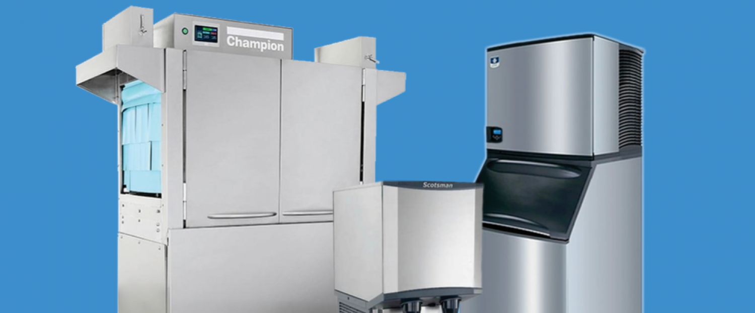 A group of stainless steel appliances on a blue background.