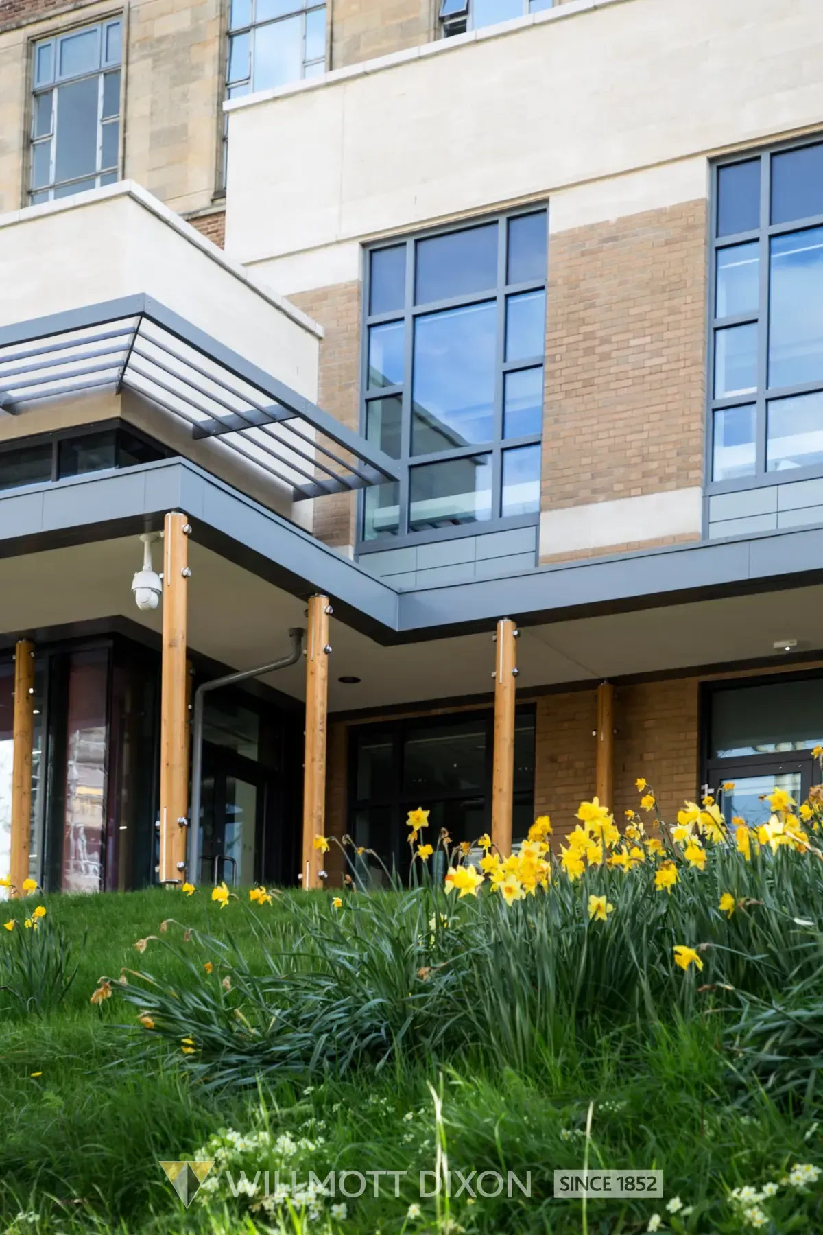 Modern building entrance with large windows, a metal awning, and yellow flowers in the foreground