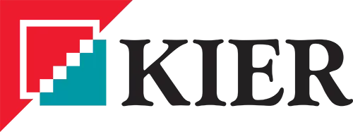 KIER logo with red, teal, and white geometric icon next to black serif text