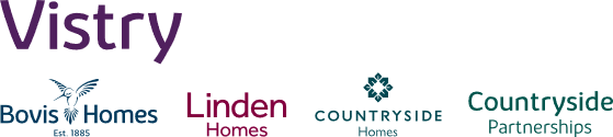 Vistry corporate logo with subsidiary logos for Bovis Homes, Linden Homes, Countryside Homes, and Countryside Partnerships