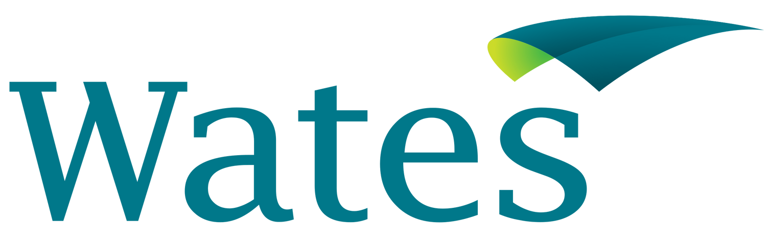 Wates logo with teal text and green-blue swoosh above the word