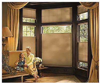 A woman and girl are sitting on a couch in front of a window with motorized roller shades.