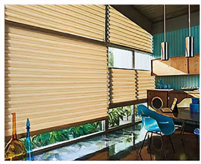 Love is Blinds MO: A room with a table and chairs and a window with dual shades.