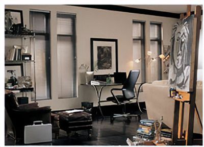 Love is Blinds St. Louis: A living room with a painting on an easel and roller shades on the windows.