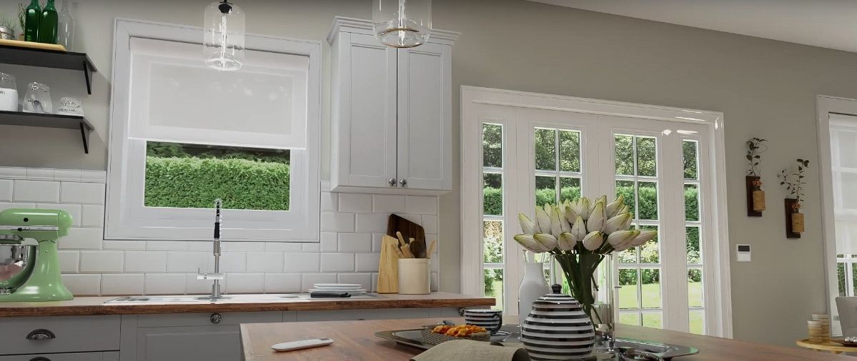 Love is Blinds motorized shades and blinds: Alta Roller Shades in a Kitchen.