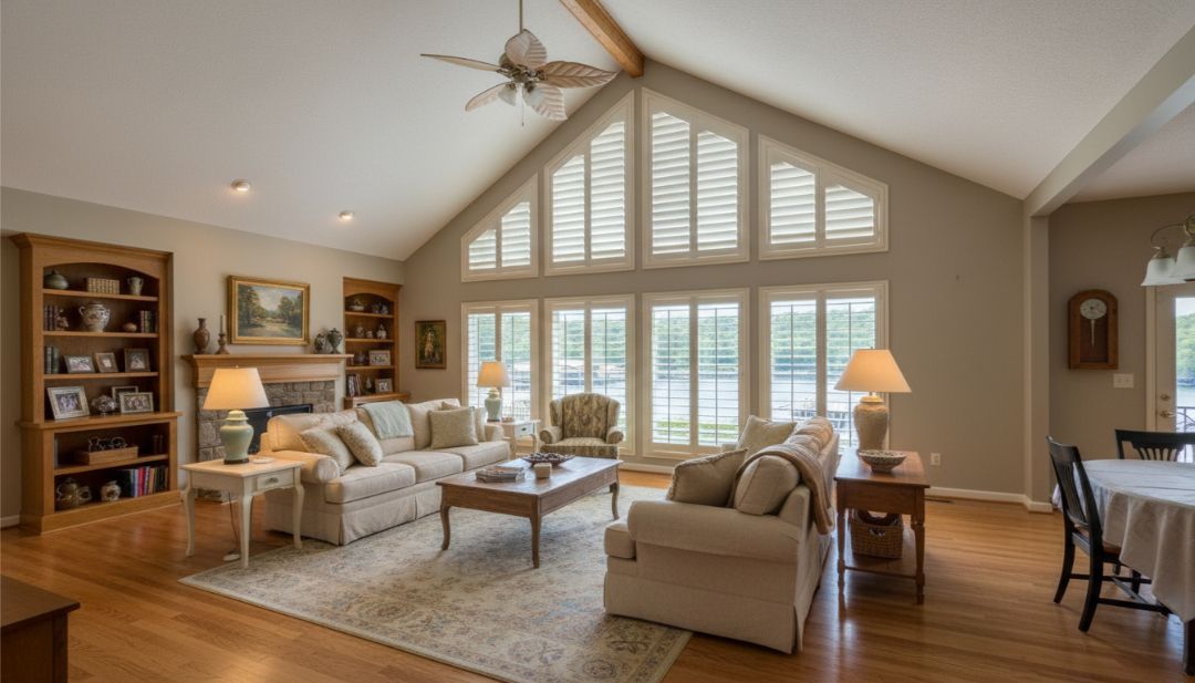 Triangle windows with custom window coverings in a Missouri home, showcasing tailored solutions by Love is Blinds.