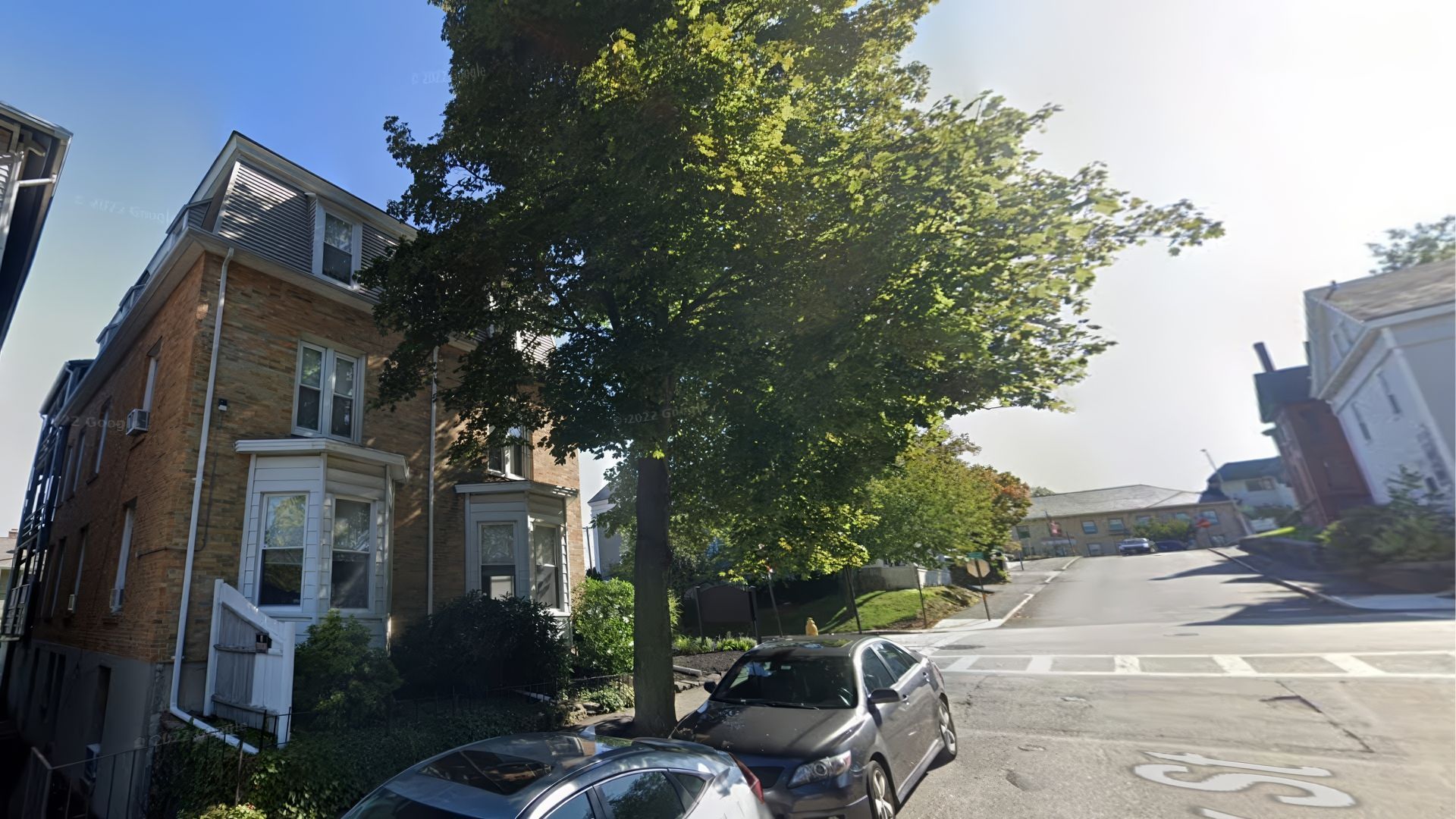 Multi-story brick building next to a large tree, street and parked cars in front.
