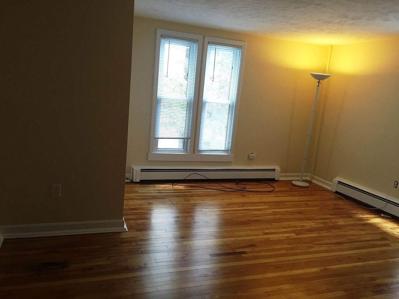 Empty living room with wood floor, window with blinds, baseboard heaters, and floor lamp.